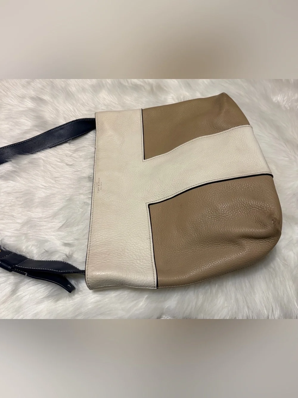 Tory Burch Block T Two-Tone Cream & Tan Leather Shoulder Bag with Navy Strap